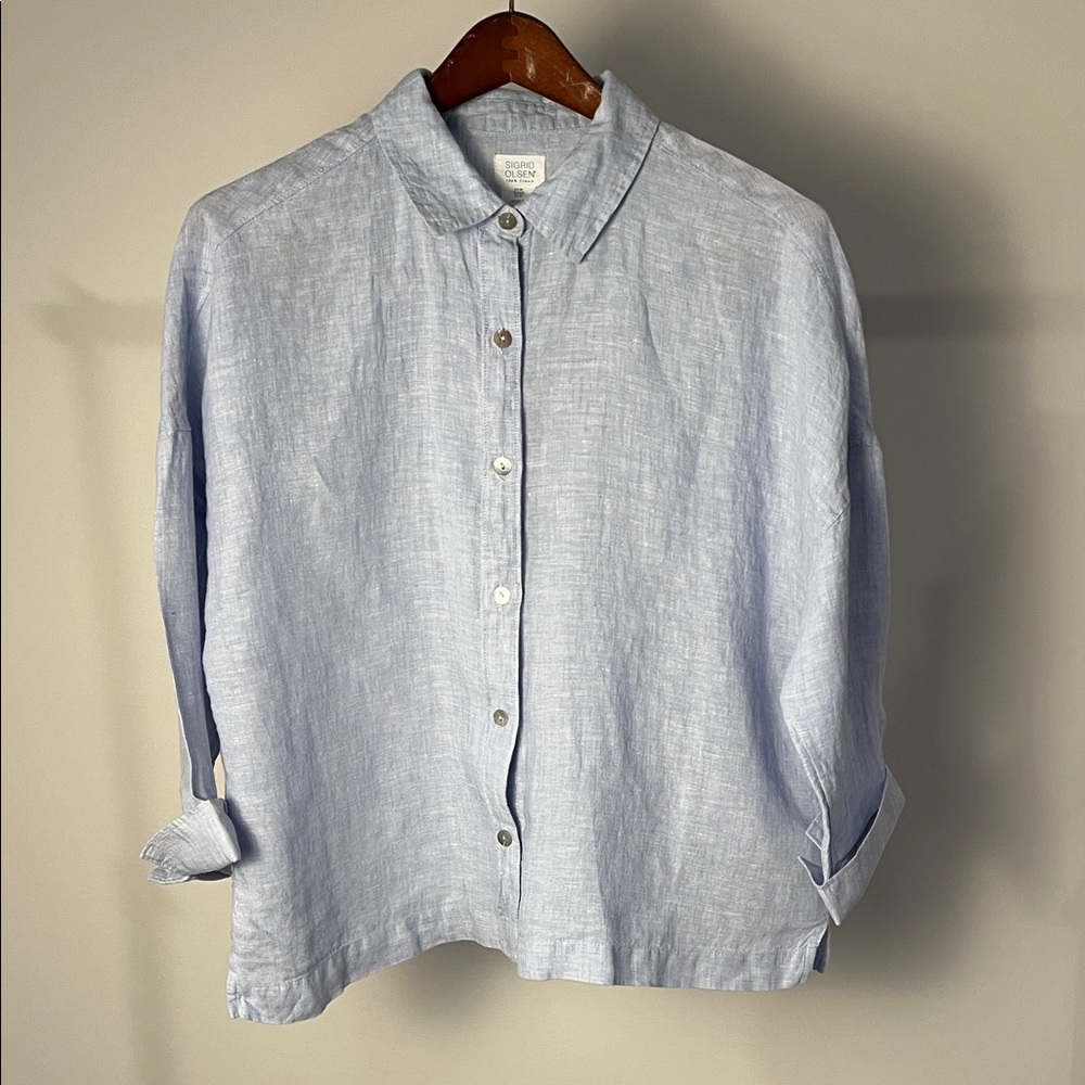 Sigrid Olsen Light Blue Linen Button Down Shirt